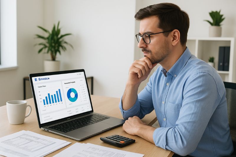 Man analysing financial dashboards on laptop, highlighting key benefits of cloud accounting tools