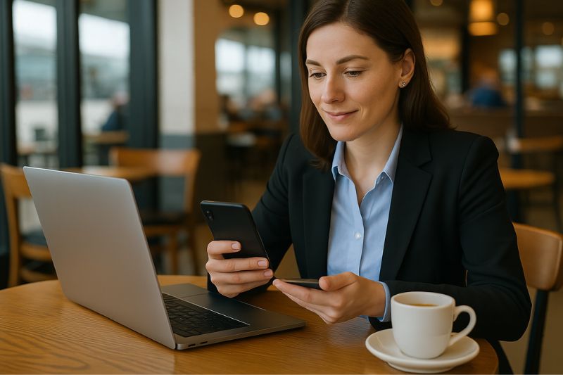 Businesswoman using cloud accounting tools on phone and laptop in café, showing benefits of cloud accounting