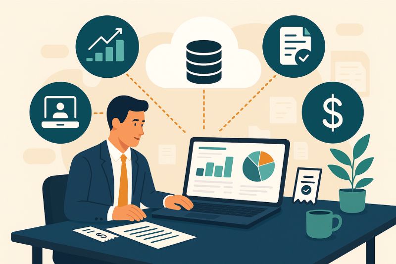 Illustration of cloud-based financial tools showing key benefits of cloud accounting for businesses.