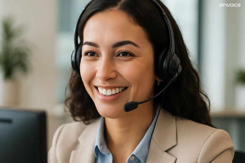Smiling support agent with headset assisting users with AP automation software solutions.