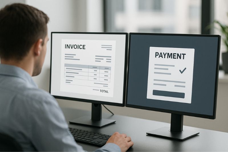 Professional reviewing invoice and payment screens, highlighting streamlined AP automation workflows.