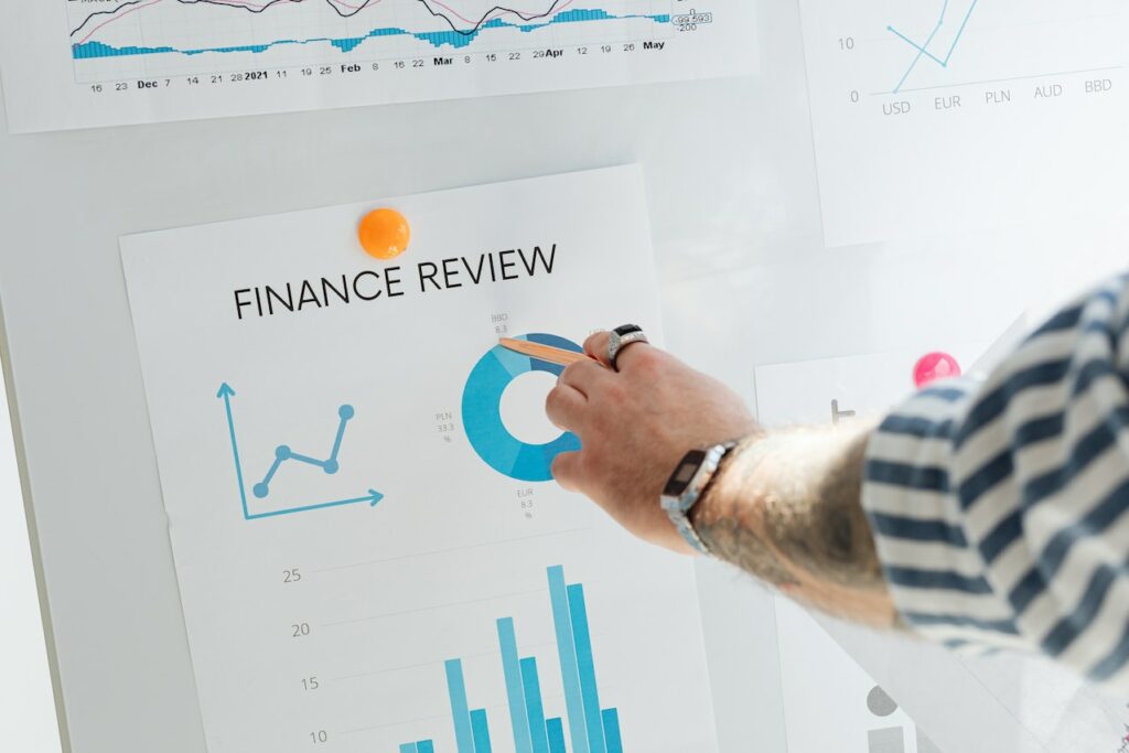 a board with a Finance review graph