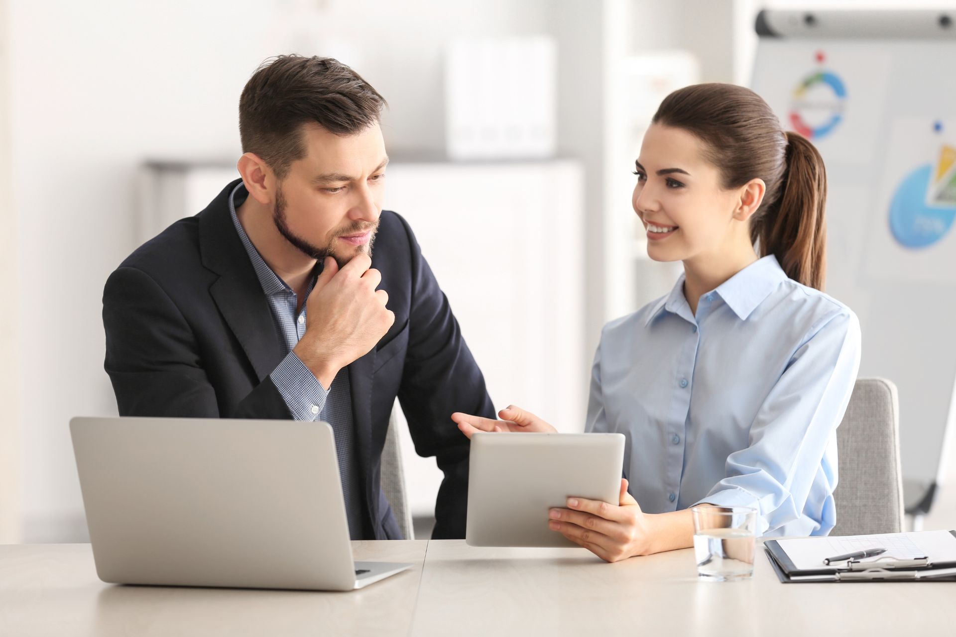 man and woman in business conversation