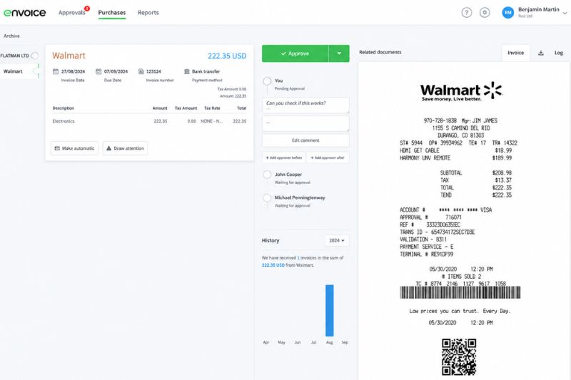 Best business receipt tracking app displaying digital receipt scanning and invoice approval workflow