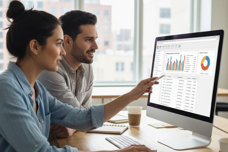 Professionals reviewing financial dashboards highlighting the benefits of QuickBooks for business accounting.