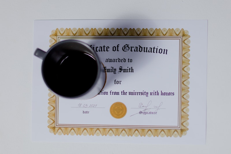 Cup of coffee on certificate 