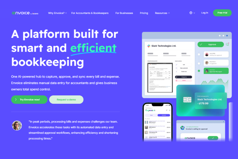 Envioce Homepage showcasing invoice and expense management, expensify alternatives 2026