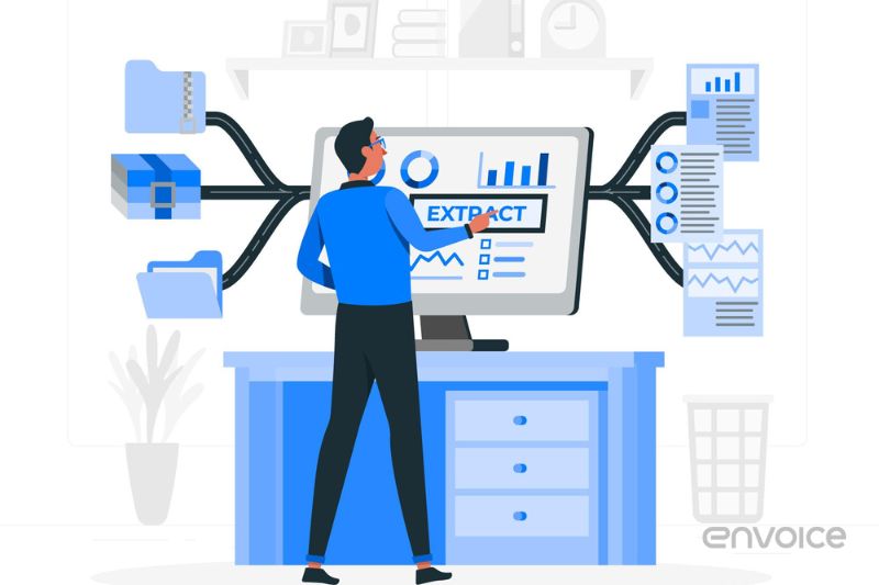 The graphic of a person standing in front of a computer monitor, interacting with software that extracts data from invoices or other files.