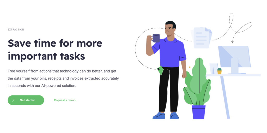 A man is standing at a desk, holding a coffee cup while waiting for Envoice’s SmartExtract to extract key data from invoices accurately, eliminating data entry tasks