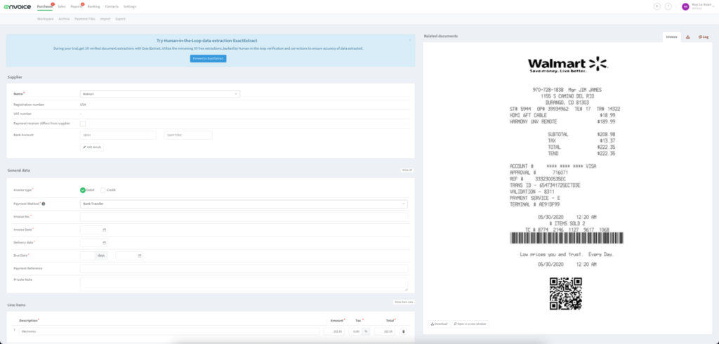 Expense management software for small business interface with invoice data extraction and receipt scanning