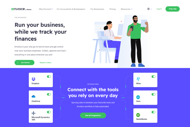 Expense management software for small business dashboard with integrations and finance tracking interface