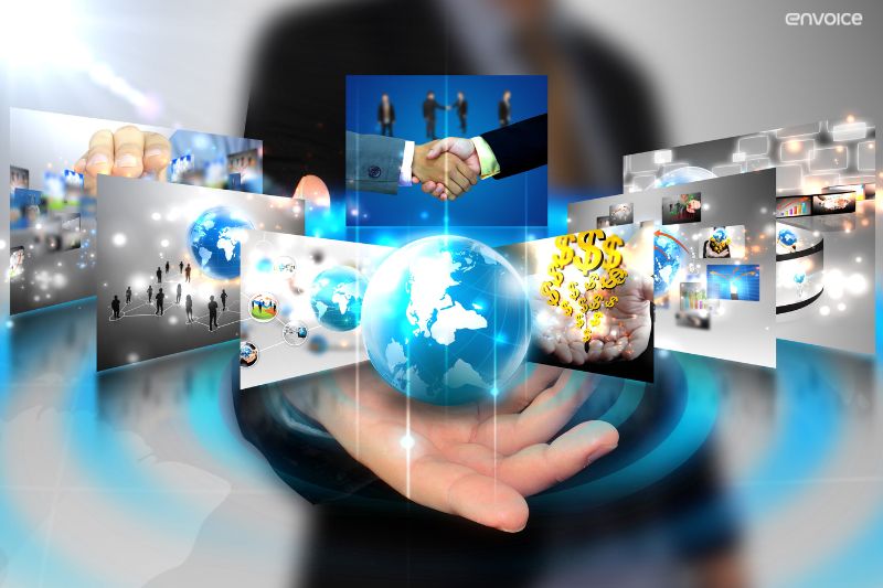 Futuristic digital interface showcasing global benefits of automated invoice processing and efficiency.