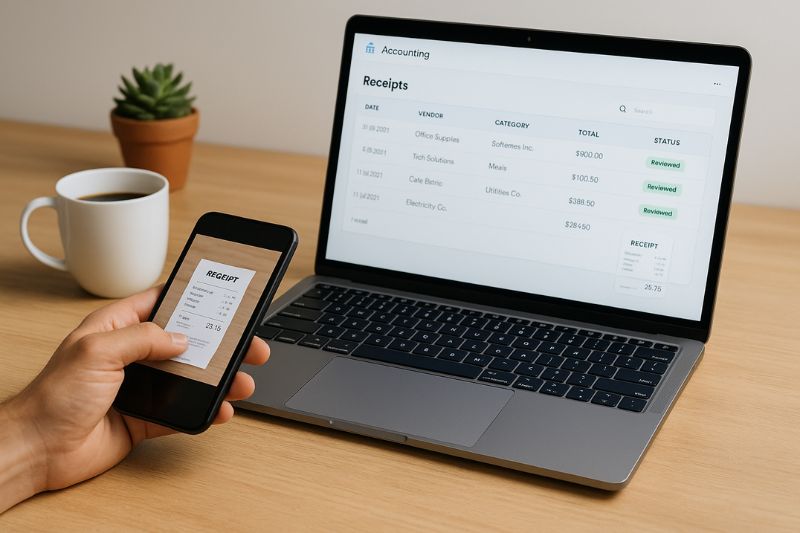Person scanning a receipt into accounting software, showing how to organize receipts for small business.