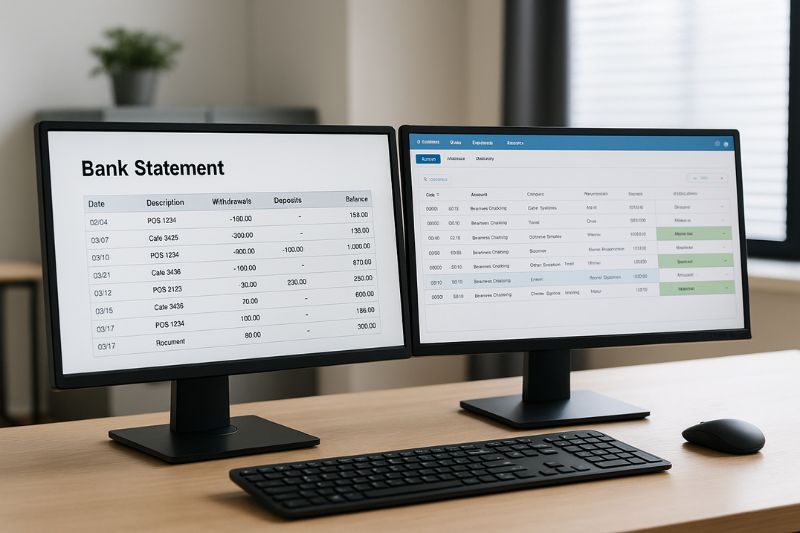 Dual monitors showing bank statements and accounting software, demonstrating how to organize receipts for small business