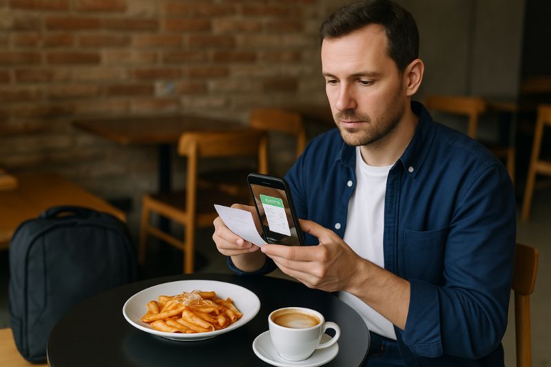 Man scanning a cafe receipt with smartphone, showing how to organize receipts for small business.