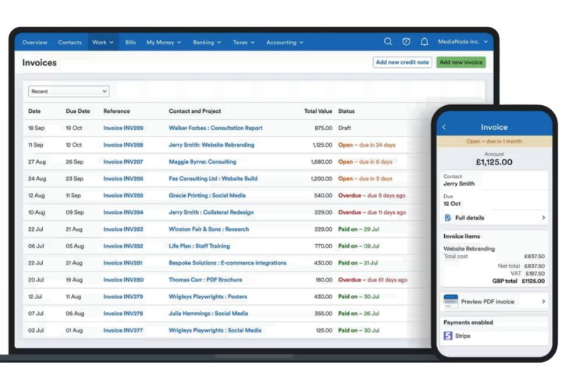 FreeAgent vs QuickBooks invoice dashboard comparison on desktop and mobile for SMBs