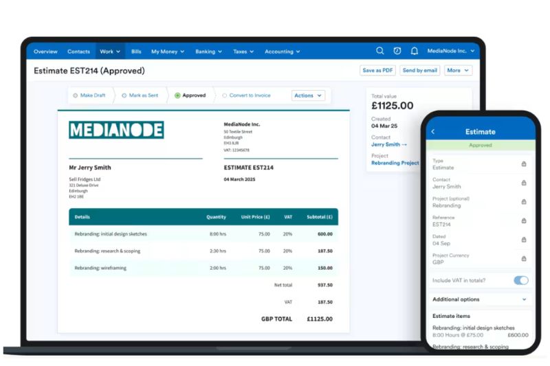 FreeAgent vs QuickBooks estimate approval dashboard comparison on desktop and mobile for SMBs.