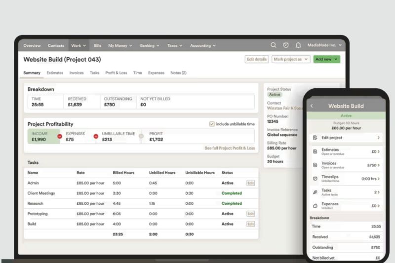 FreeAgent vs QuickBooks project management dashboard comparison for SMB profitability tracking.
