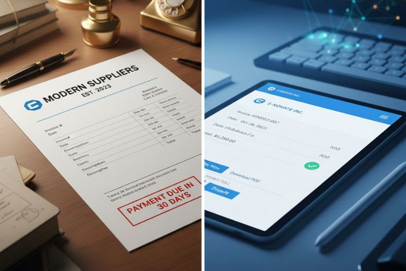 Paper and digital billing examples illustrating what is an e-invoice for businesses.