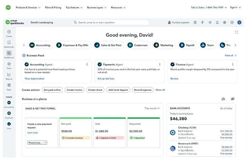 QuickBooks accounting dashboard showing payments and balances for wave vs quickbooks comparison