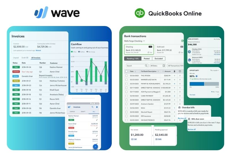 Side by side Wave and QuickBooks dashboards highlighting wave vs quickbooks features