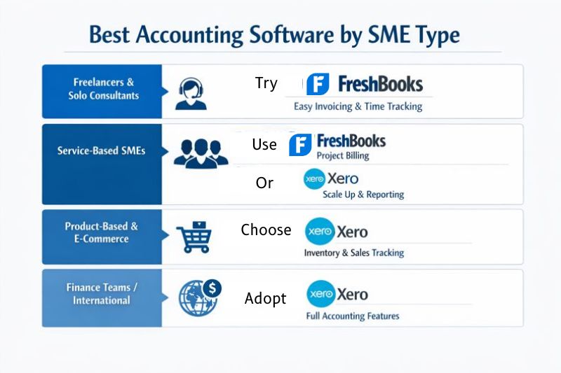 FreshBooks vs Xero comparison chart showing best accounting software choices by SME type