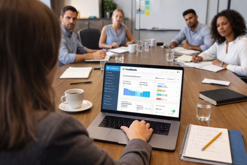FreshBooks vs Xero dashboard comparison shown during a business finance team meeting.