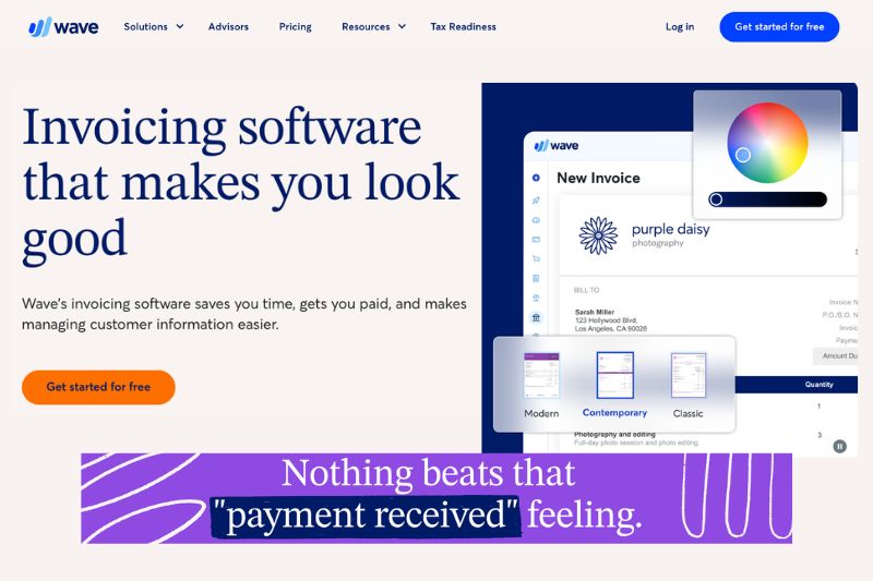 Wave invoicing dashboard for small business accounting software.