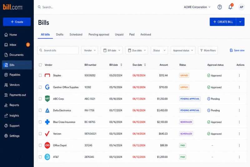 Bill.com bills dashboard managing invoices, approvals, payment status, and AP workflows