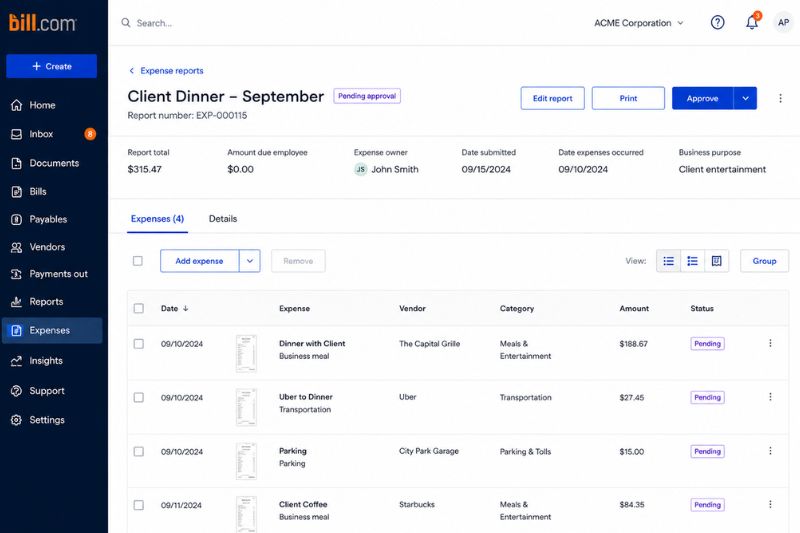 Bill.com expense management dashboard displaying approval workflow and business expense tracking