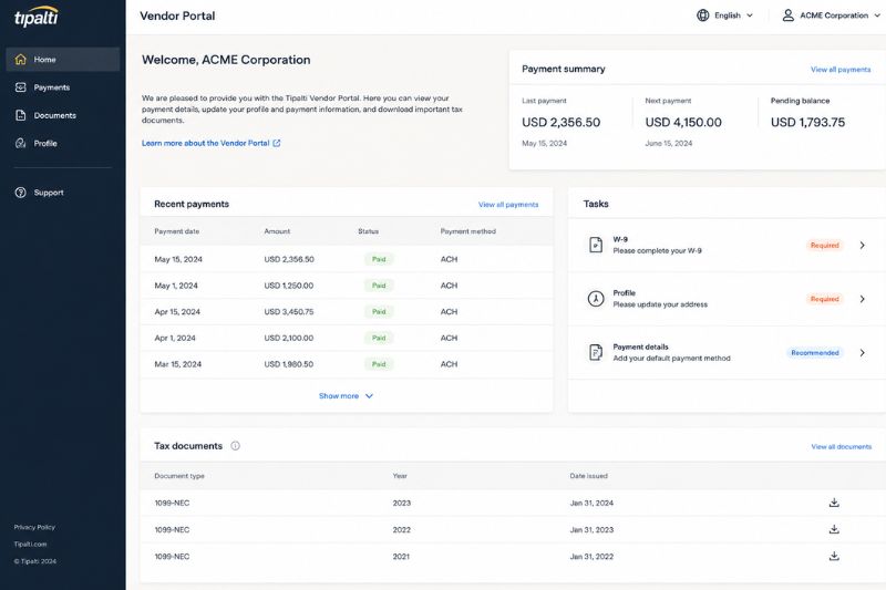 Tipalti vendor portal displaying payment tracking, supplier onboarding, and tax document management