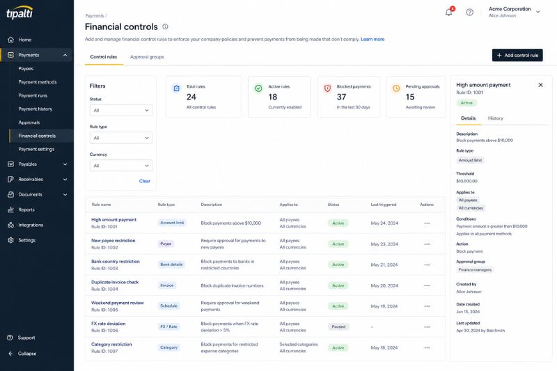 Tipalti financial controls dashboard managing payment approvals, compliance rules, and AP oversight