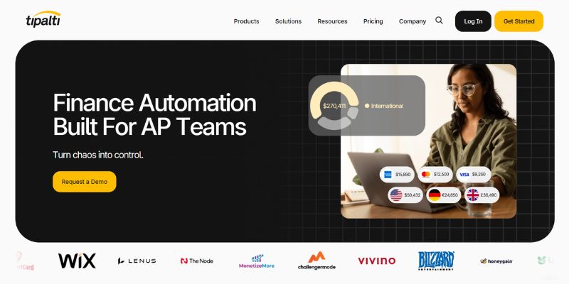 Tipalti homepage highlighting its accounts payable automation platform for managing global business payments.