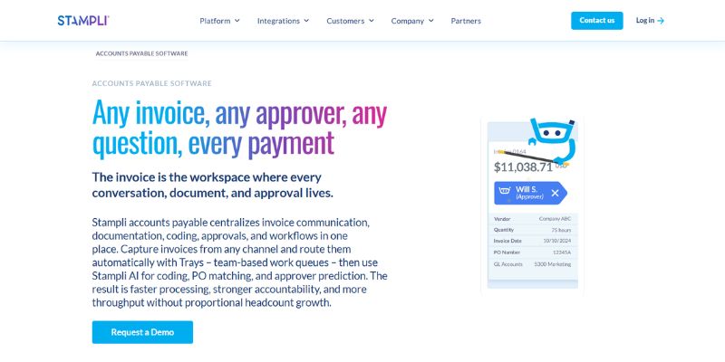 Stampli homepage highlighting its accounts payable software with AI-powered invoice approval and workflow automation