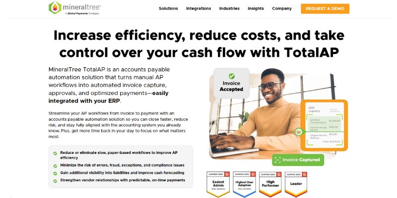 MineralTree homepage showcasing TotalAP software for automating invoice capture, approvals, and accounts payable workflows.